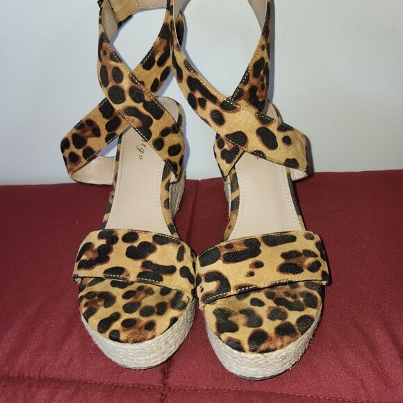 Shoes - Coutgo Womens Leopard Print Espadrille Wedge Sandals 6.5 Crisscross Ankle Strap
